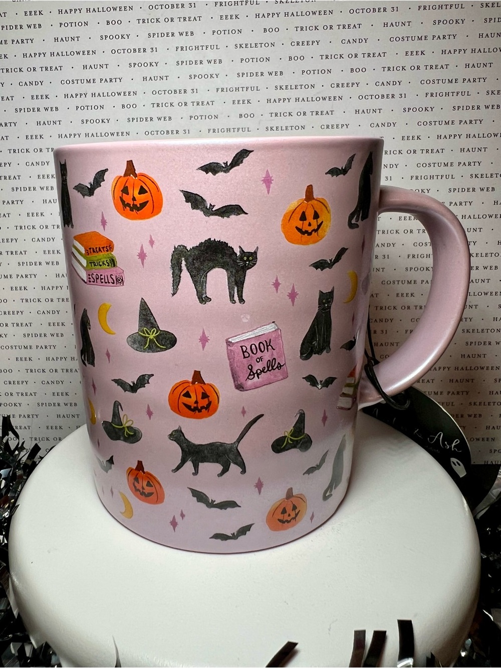 Halloween Black Cats & Books Ceramic Mug Lavender Pearl Bats Witch Hat Spells